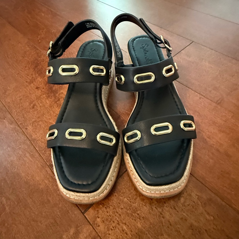 Splendid Black Wedge Espadrille Sandals with Gold Accents